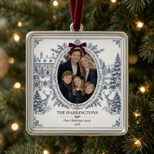 Personalized Family Photo Blue Winter Toile Metal Ornament