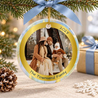 Personalized Family Photo Christmas Blue & Gold Ceramic Ornament