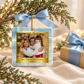 Personalized Family Photo Christmas Blue & Gold Ceramic Ornament