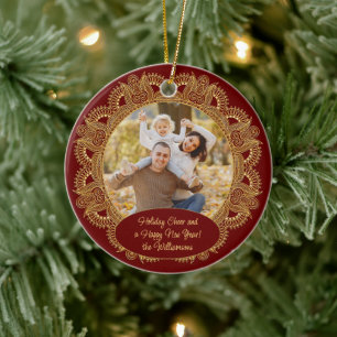 Personalized Family Photo Christmas Greeting Ceramic Ornament