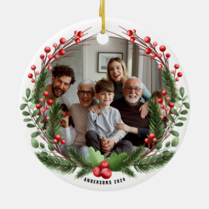Personalized Family Photo Christmas Wreath Ceramic Ornament