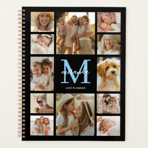 Personalized Family Photo Collage Blue Monogram Planner