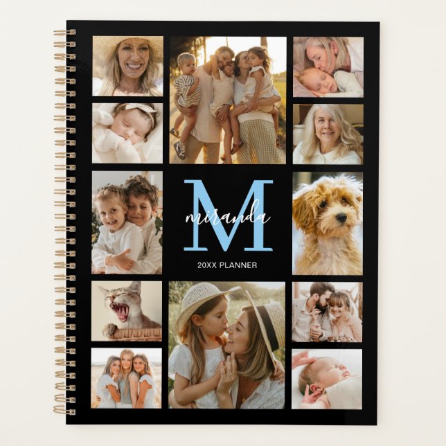 Personalized Family Photo Collage Blue Monogram Planner (Front)