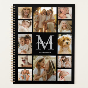 Personalized Family Photo Collage Grey Monogram Planner