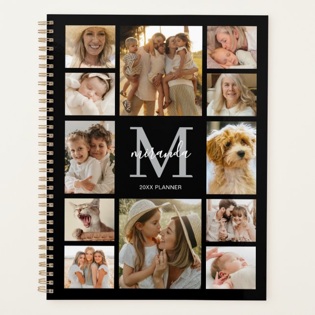 Personalized Family Photo Collage Grey Monogram Planner (Front)