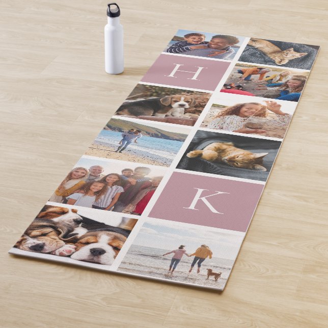 Personalized Family Photo Collage | Mauve Monogram Yoga Mat (In Situ)