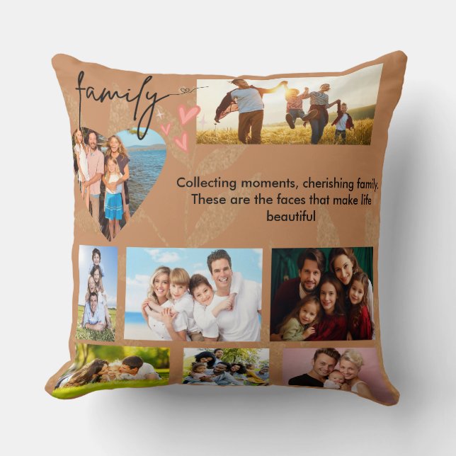 Personalized Family Photo Collage & Script Chic Throw Pillow (Front)