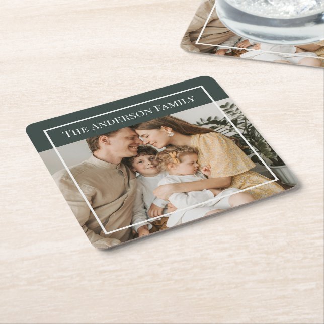 Personalized Family Photo | Custom Family Name  Square Paper Coaster (Angled)