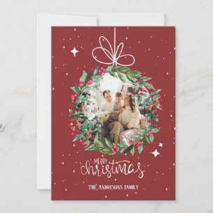 personalized family photo garland red christmas holiday card