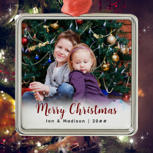 Personalized Family Photo Merry Christmas Metal Ornament