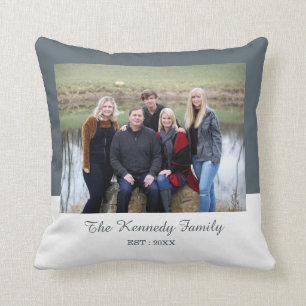Personalized Family Photo Name Gray And White Throw Pillow