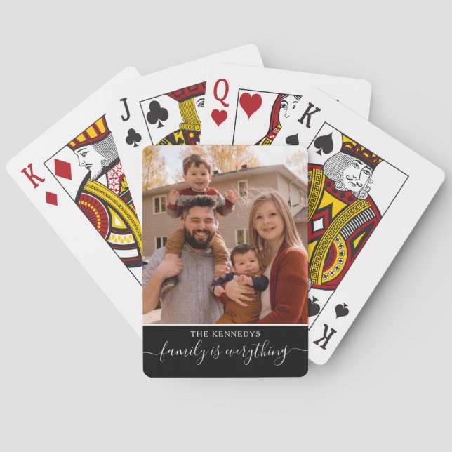 Personalized Family Photo Name Quote Black  Playing Cards (Back)