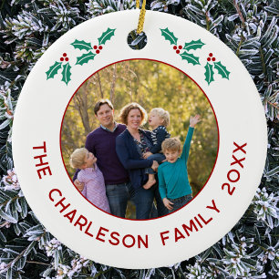 Personalized Family Photo Name Year Holly Ceramic Ornament