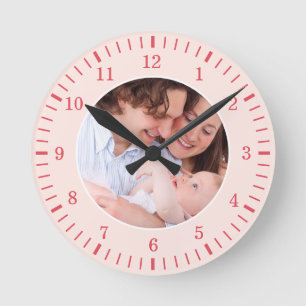 Personalized Family Photo Pink & Red Classic Round Clock