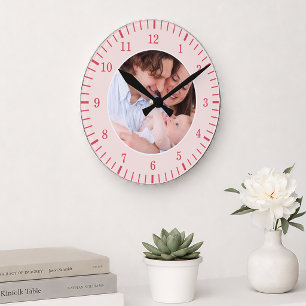 Personalized Family Photo Pink & Red Classic Round Clock