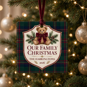 Personalized Family Photo Tartan Teddy Bear Metal Ornament