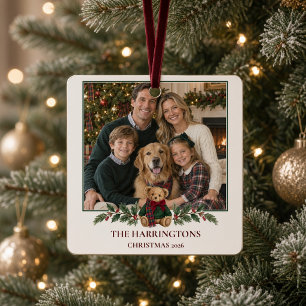 Personalized Family Photo Tartan Teddy Bear Metal Ornament