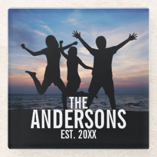 Personalized Family Photo with Family Name Glass Coaster