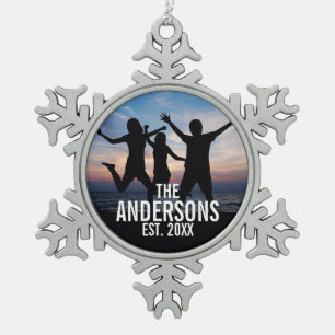 Personalized Family Photo with Family Name Snowflake Pewter Christmas Ornament