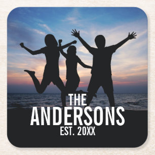 Personalized Family Photo with Family Name Square Paper Coaster