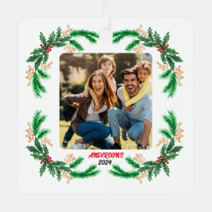 Personalized Family Photo with Holly Border Metal Ornament