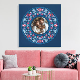 Personalized Family Portrait Blue Festive Mandala Canvas Print