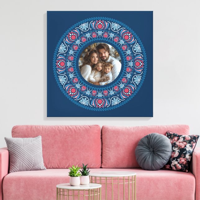Personalized Family Portrait Blue Festive Mandala Canvas Print (Insitu(LivingRoom))