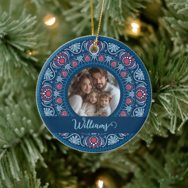 Personalized Family Portrait Blue Festive Mandala Ceramic Ornament (Tree)