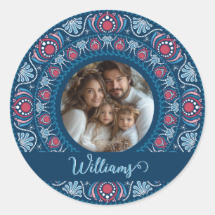 Personalized Family Portrait Blue Festive Mandala Classic Round Sticker