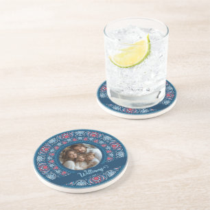 Personalized Family Portrait Blue Festive Mandala Coaster