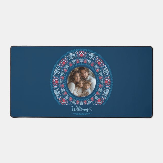 Personalized Family Portrait Blue Festive Mandala Desk Mat (Front)
