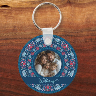 Personalized Family Portrait Blue Festive Mandala Keychain