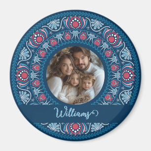 Personalized Family Portrait Blue Festive Mandala Magnet