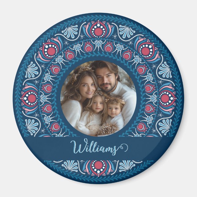 Personalized Family Portrait Blue Festive Mandala Magnet (Front)