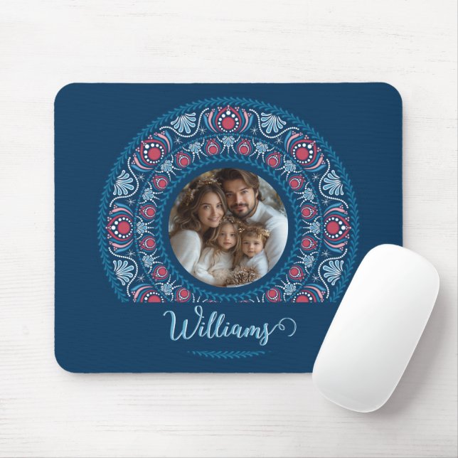 Personalized Family Portrait Blue Festive Mandala Mouse Pad (With Mouse)