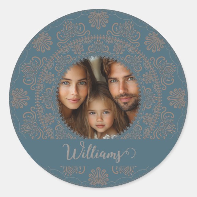 Personalized Family Portrait Gold Rococo Mandala Classic Round Sticker (Front)