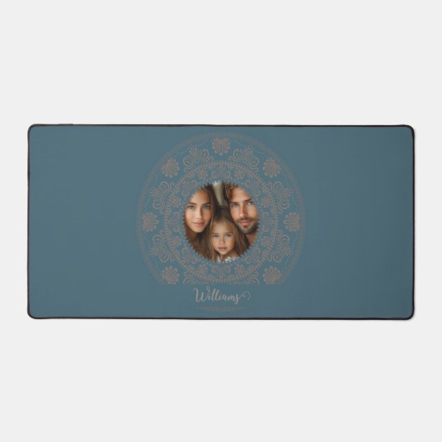 Personalized Family Portrait Gold Rococo Mandala Desk Mat (Front)