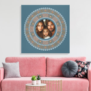 Personalized Family Portrait Teal and Gold Mandala Canvas Print
