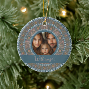 Personalized Family Portrait Teal and Gold Mandala Ceramic Ornament