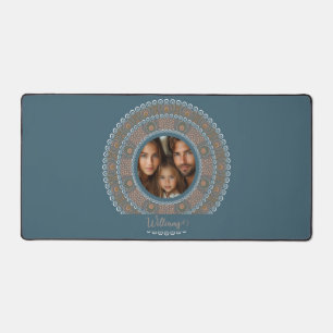 Personalized Family Portrait Teal and Gold Mandala Desk Mat