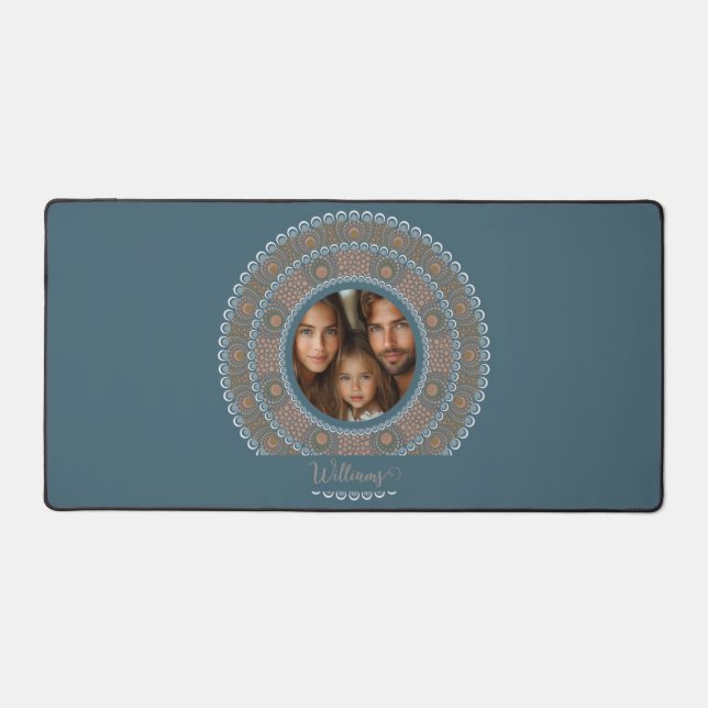 Personalized Family Portrait Teal and Gold Mandala Desk Mat (Front)