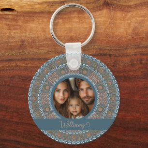 Personalized Family Portrait Teal and Gold Mandala Keychain