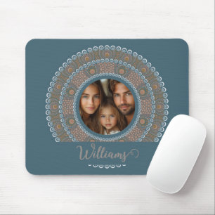 Personalized Family Portrait Teal and Gold Mandala Mouse Pad