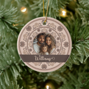 Personalized Family Portrait Warm Neutrals Mandala Ceramic Ornament