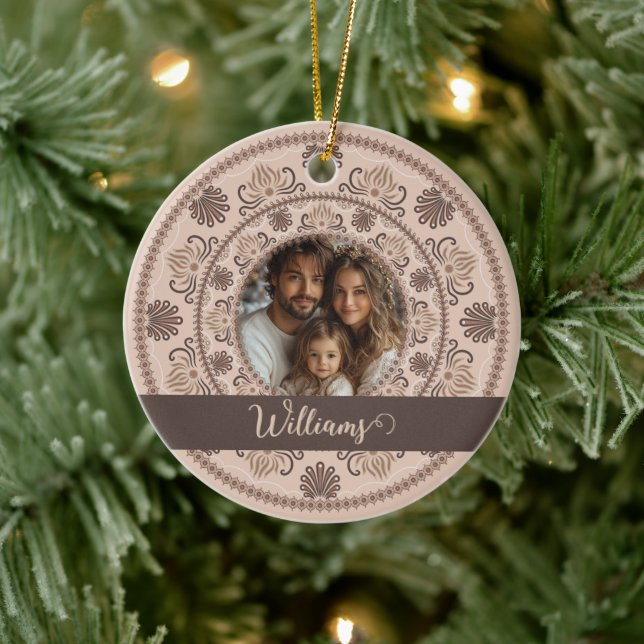 Personalized Family Portrait Warm Neutrals Mandala Ceramic Ornament (Tree)