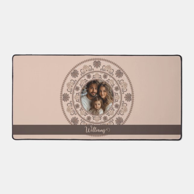 Personalized Family Portrait Warm Neutrals Mandala Desk Mat (Front)