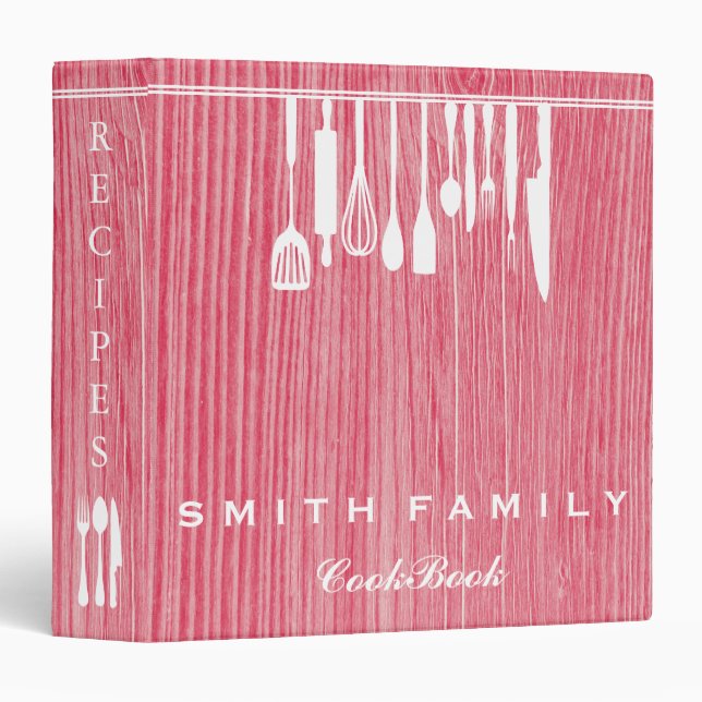 Personalized Family Recipe Cookbook Pink Wooden Binder (Front/Spine)