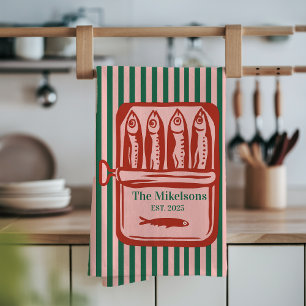 Personalized Family Retro Sardine Tin Stripes Kitchen Towel