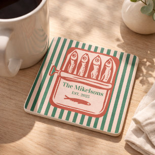 Personalized Family Retro Sardine Tin Stripes Stone Coaster