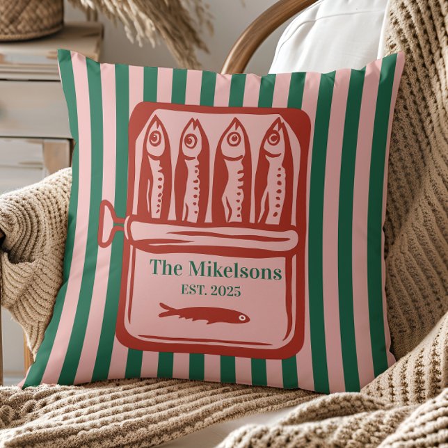 Personalized Family Retro Sardine Tin Stripes Throw Pillow (Creator Uploaded)